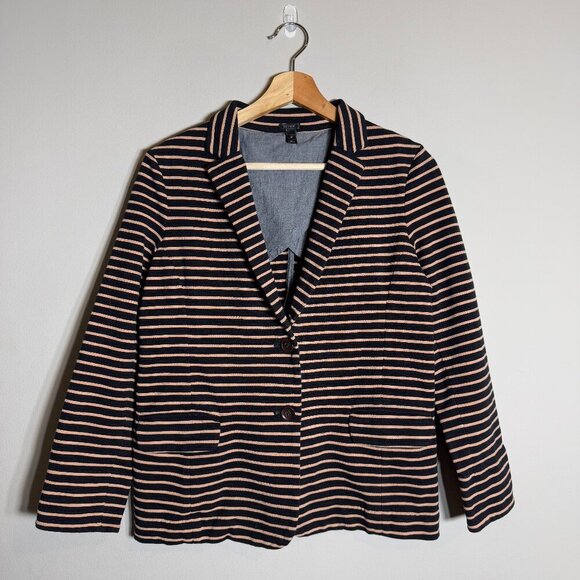 J. Crew Striped Cotton Sweatshirt Blazer Jacket Women's Medium Black Tan Preppy - Picture 3 of 15